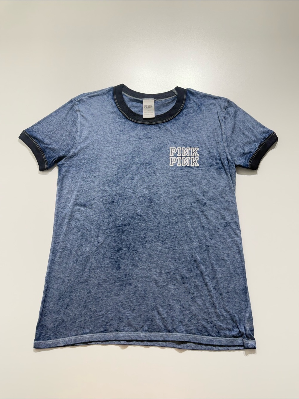 PINK Victoria's Secret Blue Heather Ringer Tee with Navy Trim Sz L